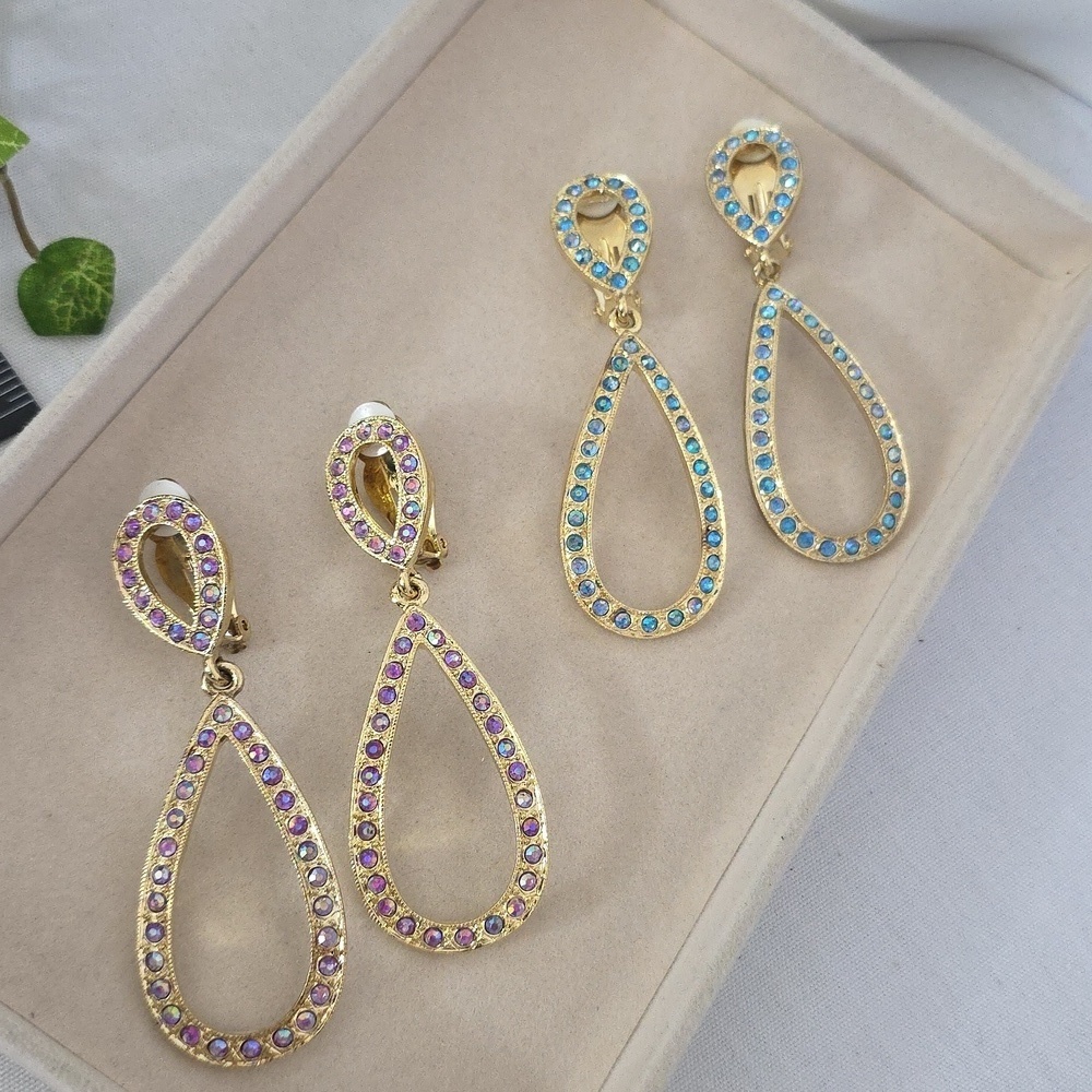 Statement Clip On Drop Earrings Gold with AB Blue Or Purple Rhinestone